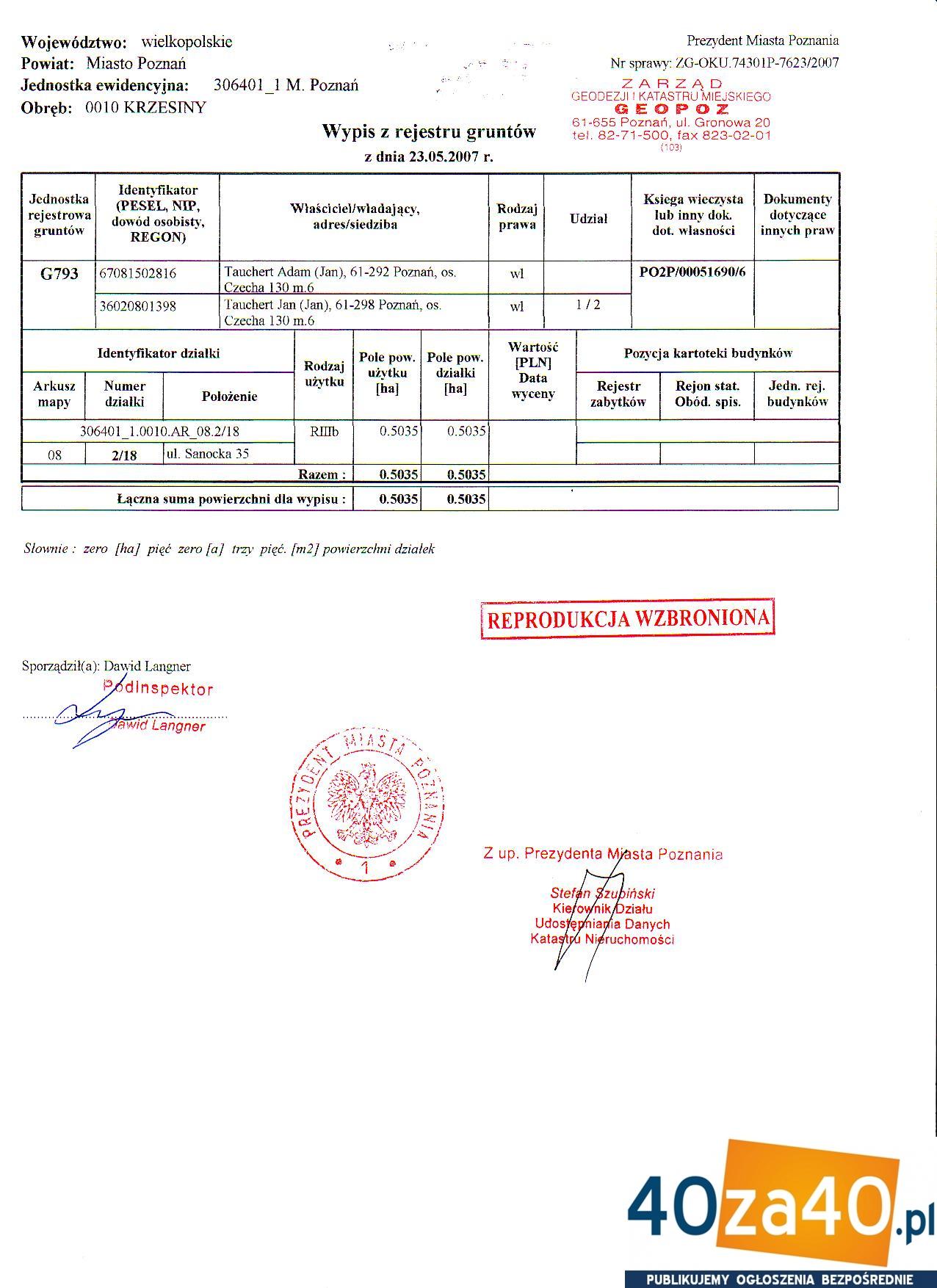 Działka na sprzedaż, 1250 m2, cena: 349 000,00 PLN, Poznań, kontakt: 602418155